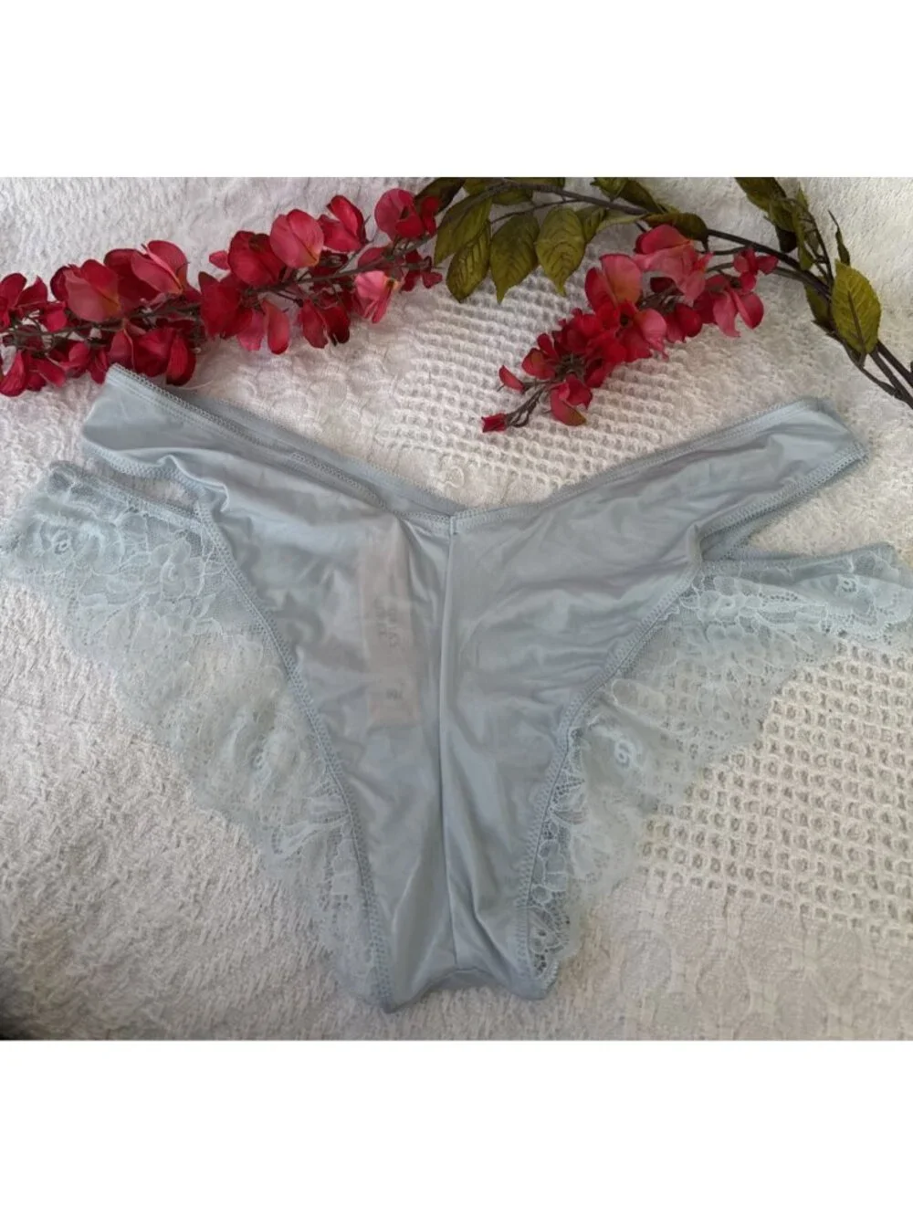 VICTORIA'S SECRET L BLUE WINGS VERY SEXY HIGH LEG CHEEKY SILKY PANTIES NWT